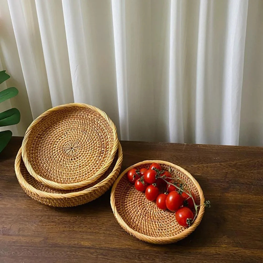 Cesta de mimbre redonda tejida a mano, fruta, merienda de té, pan, bandeja de Picnic, caja de almacenamiento de aperitivos, cesta de suministros de cocina, bandeja de fruta