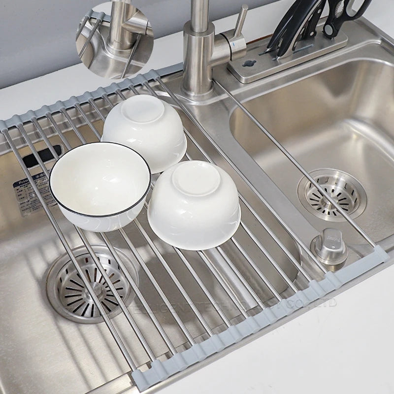 Foldable Stainless Steel Dish Drainer Roll Up Dish Drying Rack Shelf Kitchen Sink Holder Organizer Bowl Tableware Plate Storage