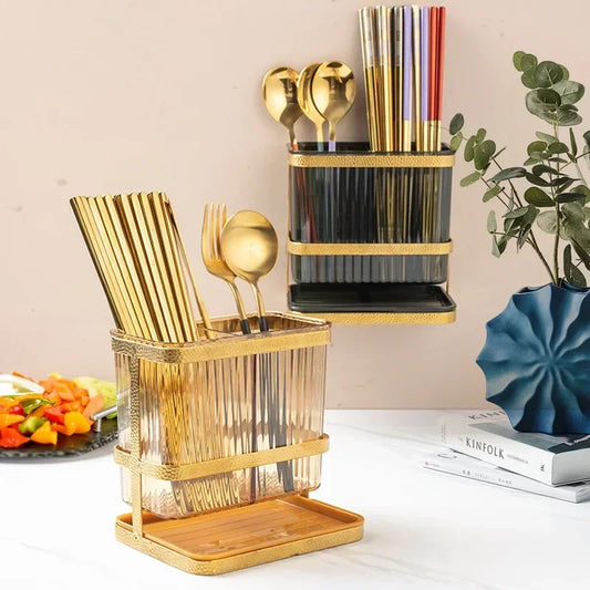 Light Luxury Double Layer Chopsticks Holder, Tableware Cage, Punch-Free, Fork, Spoon, Draining Tray, Kitchen Storage, Hanging - 369 view