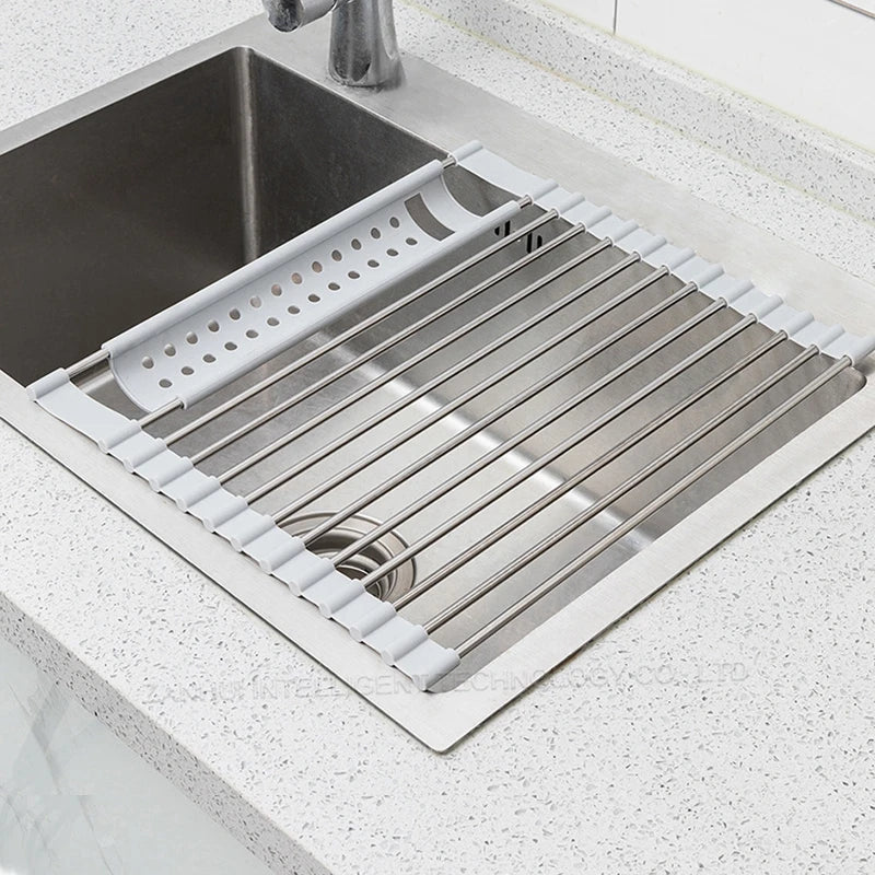 Foldable Stainless Steel Dish Drainer Roll Up Dish Drying Rack Shelf Kitchen Sink Holder Organizer Bowl Tableware Plate Storage