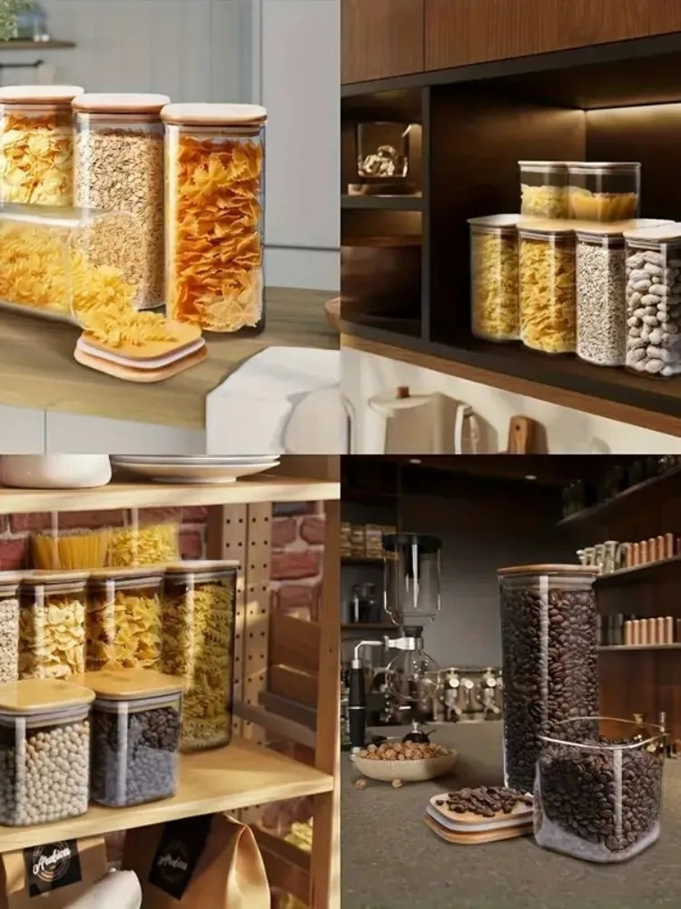 2/4 Pieces, 540Ml/1000Ml Glass Food Storage Jar with Bamboo Lid, Transparent Square Sealed Kitchen Storage Container Set, Stackable Glass Food Storage Jar for Kitchen Counters, Candies, Biscuits, Rice, Cereals