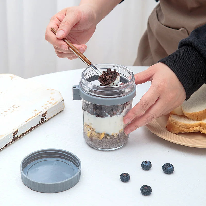 Tarro de Vidrio Portátil para Avena Nocturna y Desayunos – Contenedor Multiusos