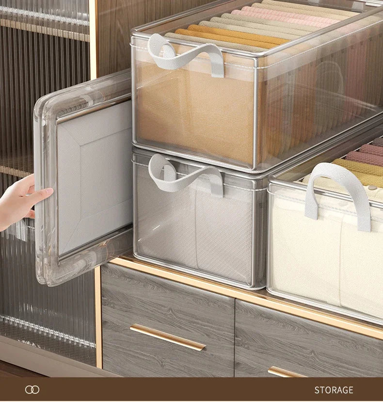 Cesta de Almacenamiento Transparente de PVC con Marco de Acero Inoxidable – Organizador Impermeable para Ropa y Armario