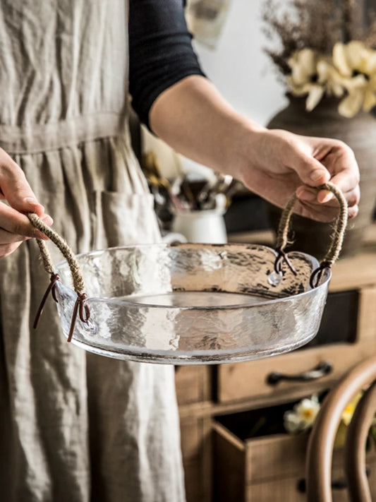 Plato de Vidrio Transparente con Asa de Cuerda de Cáñamo – Estilo Nórdico