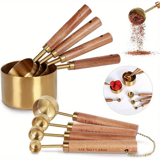 4/8Pcs Wooden Handle Stainless Steel Measuring Cups Spoons Baking Tools Coffee Measuring Spoon Set Bartending Scale Accessories - 369 view