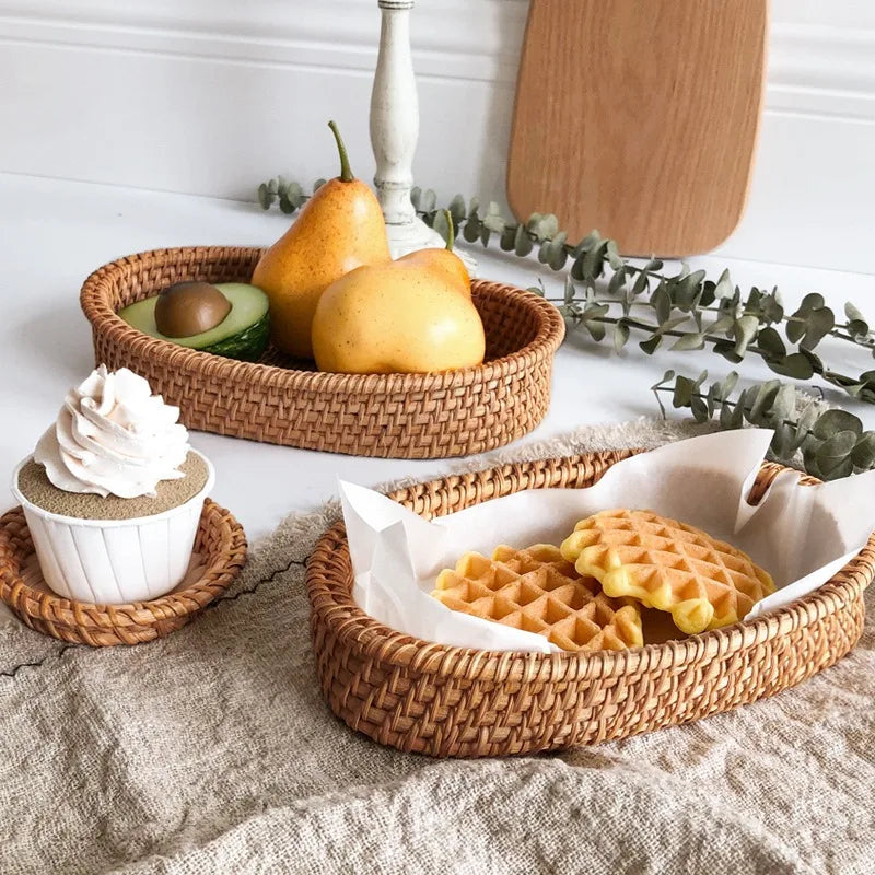 Cesta de mimbre redonda tejida a mano, fruta, merienda de té, pan, bandeja de Picnic, caja de almacenamiento de aperitivos, cesta de suministros de cocina, bandeja de fruta