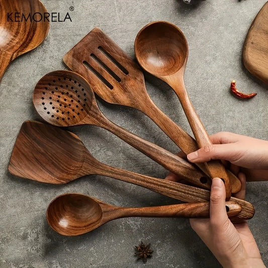 5PCS Thailand Teak Cooking Spoon Natural Wooden Kitchen Tableware Tool Ladle Turner Rice Colander Soup Skimmer Scoop Utensils - 369 view