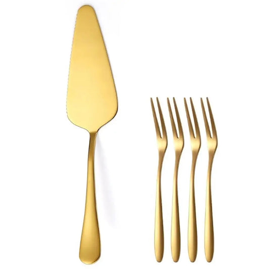 5-piece Stainless Steel Cake Shovel Knife Dessert Fork Set Pie Pizza Cheese Divider Knives Fruit Two Tooth Fork Baking Tools - 369 view