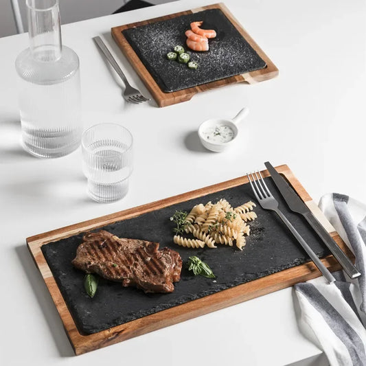 Plato para Bistec de Madera de Acacia con Pizarra Negra – Diseño Elegante y Funcional