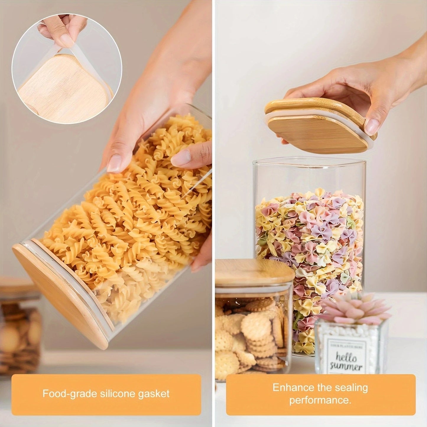 2/4 Pieces, 540Ml/1000Ml Glass Food Storage Jar with Bamboo Lid, Transparent Square Sealed Kitchen Storage Container Set, Stackable Glass Food Storage Jar for Kitchen Counters, Candies, Biscuits, Rice, Cereals