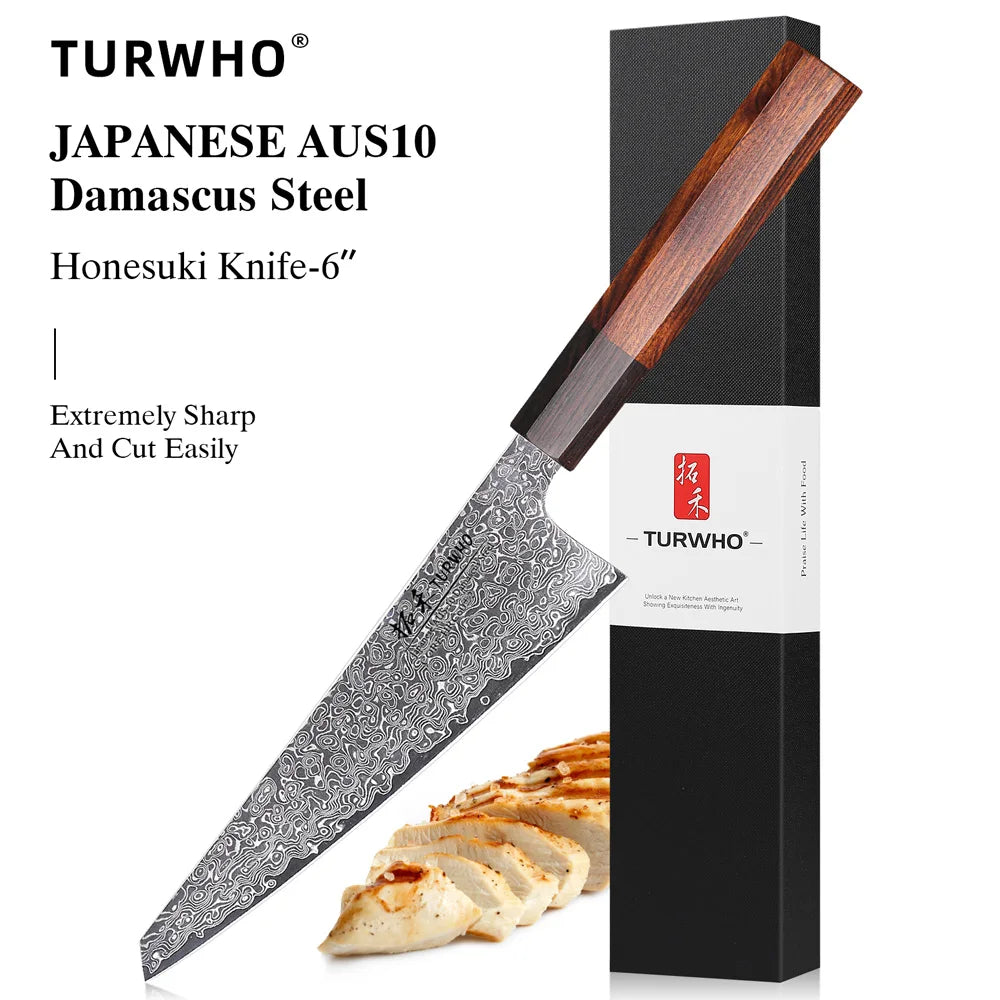 TURWHO 6" Japanese Hand Forged Honesuki Chef Knife Damascus Steel Professional Kitchen Knives Sharp Utility Boning Cooking Tools