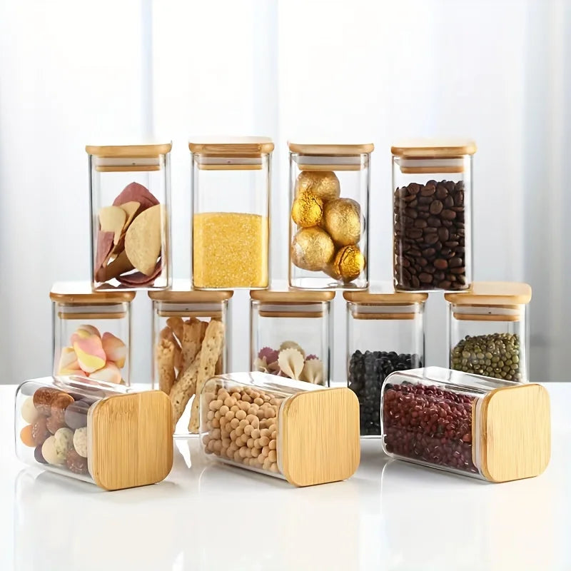 Set de Tarros de Vidrio de 10oz con Tapas Herméticas de Bambú – Almacenamiento Transparente