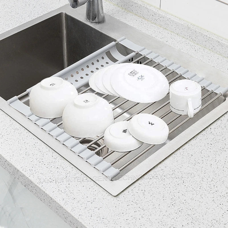 Foldable Stainless Steel Dish Drainer Roll Up Dish Drying Rack Shelf Kitchen Sink Holder Organizer Bowl Tableware Plate Storage