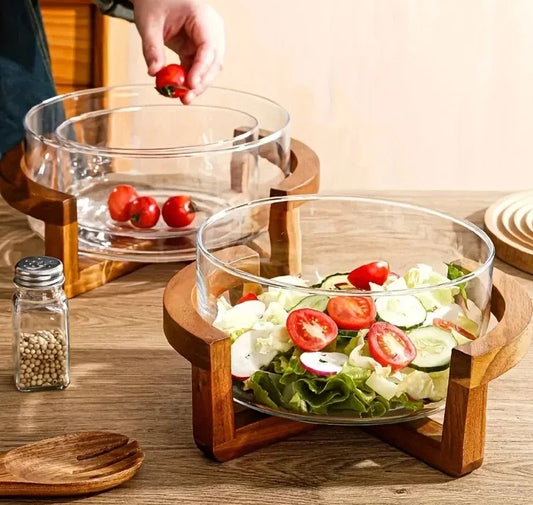 Set de Elegantes Tazones de Vidrio para Ensalada con Base de Madera – Estilo Lujo Moderno