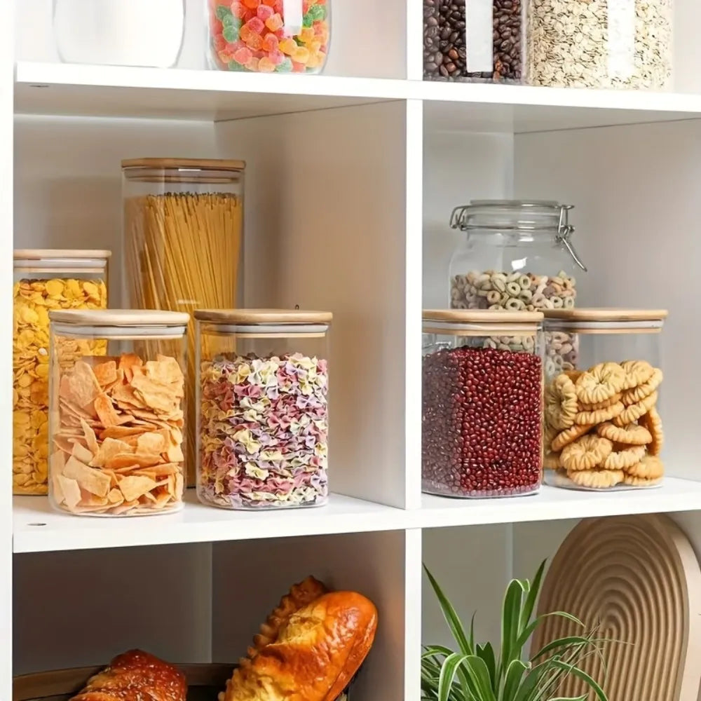 2/4 Pieces, 540Ml/1000Ml Glass Food Storage Jar with Bamboo Lid, Transparent Square Sealed Kitchen Storage Container Set, Stackable Glass Food Storage Jar for Kitchen Counters, Candies, Biscuits, Rice, Cereals