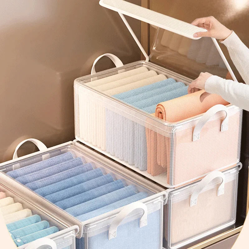 Cesta de Almacenamiento Transparente de PVC con Marco de Acero Inoxidable – Organizador Impermeable para Ropa y Armario