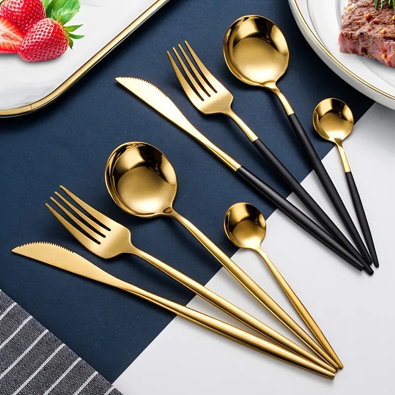 24Pcs Stainless Steel Golden Cutlery, Silverware Set Mirror Flatware Western Cutlery Set Dinning Kitchen Dinning Tableware