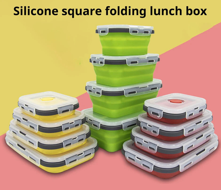 1 PCS Silicone Folding Lunch Box Food Grade Square Portable Microwave Oven Lunch Box Outdoor Travel Picnic Preservation Box
