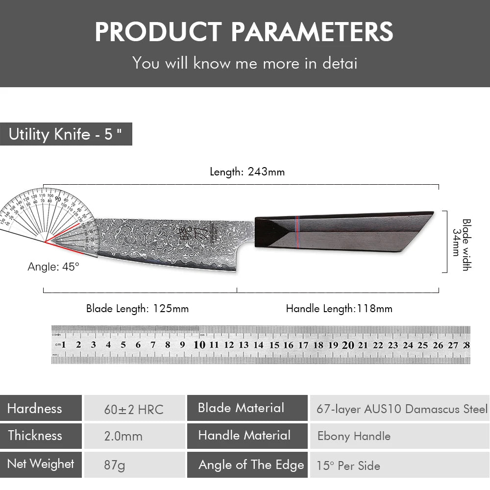 5" Utility Knife Damascus Professional Japanese Chef Knives Kitchen Cut Peeling Paring Fruit Vegetable Meat Slicer Cooking Tools