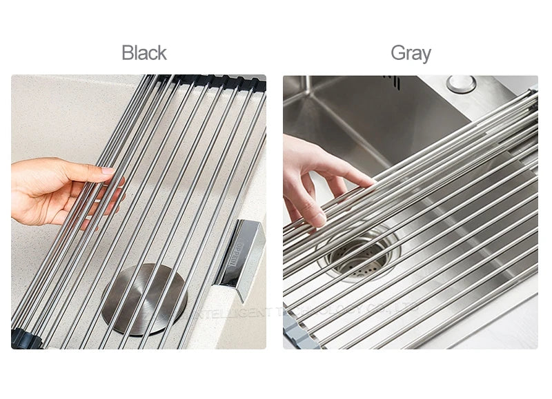 Foldable Stainless Steel Dish Drainer Roll Up Dish Drying Rack Shelf Kitchen Sink Holder Organizer Bowl Tableware Plate Storage