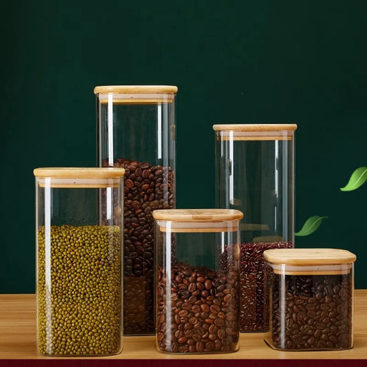 Square Glass Storage Jars with Bamboo Lid for Coffee Beans Grains Noodles food Storage Containers  Kitchen Organizers Storage - 369 view