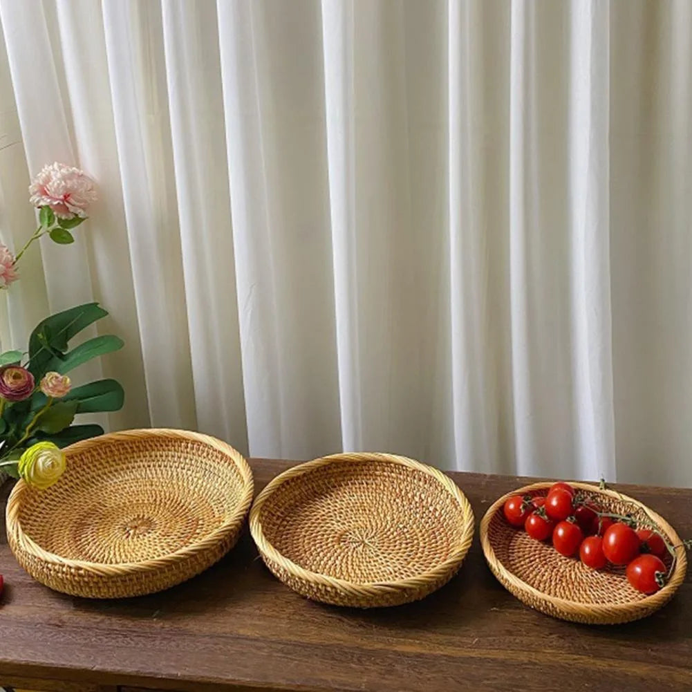 Cesta de mimbre redonda tejida a mano, fruta, merienda de té, pan, bandeja de Picnic, caja de almacenamiento de aperitivos, cesta de suministros de cocina, bandeja de fruta