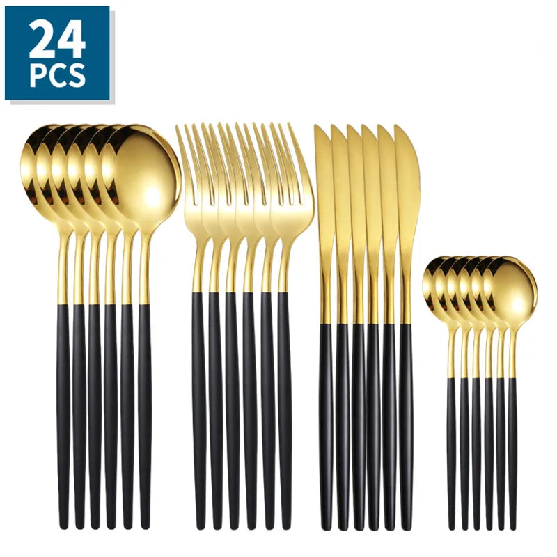 24Pcs Stainless Steel Golden Cutlery, Silverware Set Mirror Flatware Western Cutlery Set Dinning Kitchen Dinning Tableware
