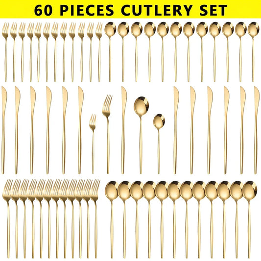 60pcs Stainless Steel - Luxe Golden Cutlery Set, Mirror Polished, Dishwasher Safe, Includes Knives, Forks & Spoons in Gift Box, - 369 view