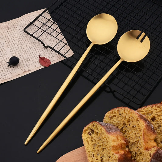 2Pcs Salad Service Set Gold Cutlery Set Spoons Forks Long Handle Large Fork Stainless Steel Dinning Server Set Utensils - 369 view