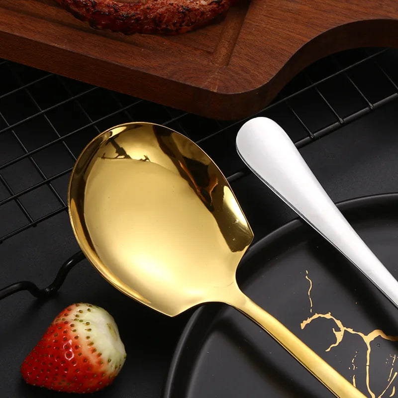 Golden Stainless Steel Food Service Spoon Large Rice Shovel Tableware Long Handle Square Spatula Kitchen Gadgets for Home - 369 view