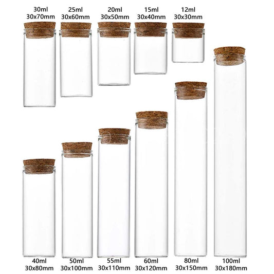 10ml/15ml/20ml/30ml/40ml/50ml/55ml/60ml/80ml/100ml  Cork Stopper Dragees Jars BottlesSmall Glass Test Tube with Cork 20 pieces