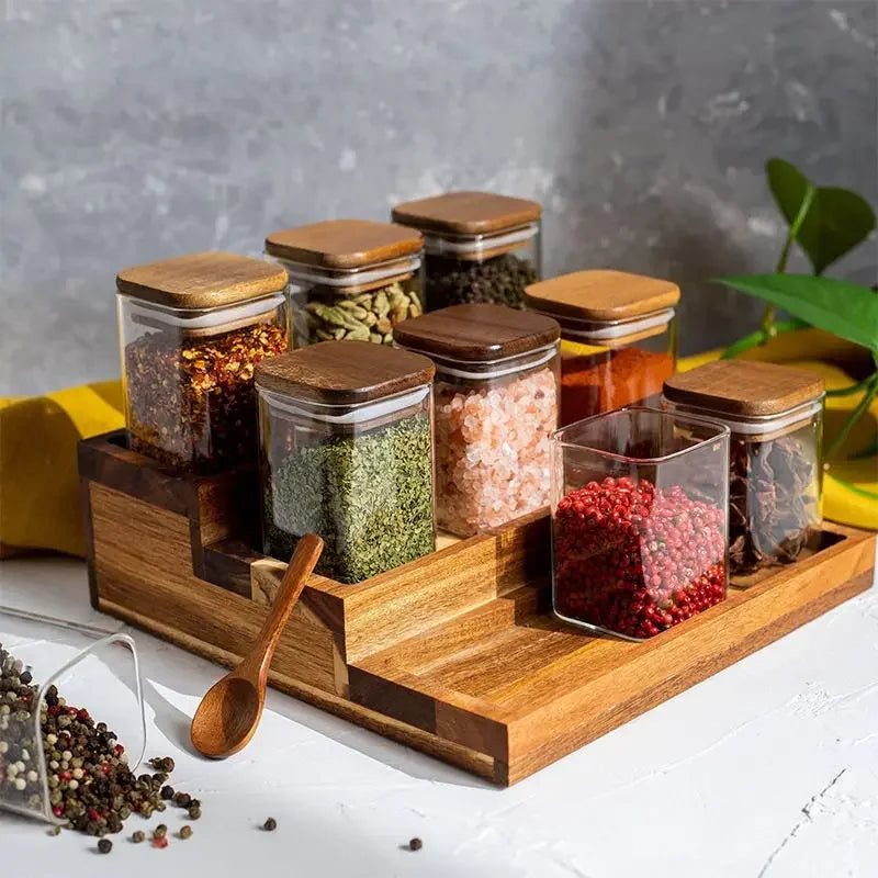 Set de 4 Tarros de Vidrio Transparente con Tapa de Madera de Acacia – Almacenamiento de Especias