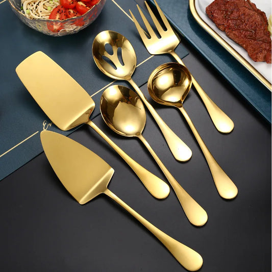 Stainless Steel Gold Korean Serving Spoon Tableware Soup Ladle Colander Fork Shovel Restaurant Public Cutlery Kitchen Utensil - 369 view