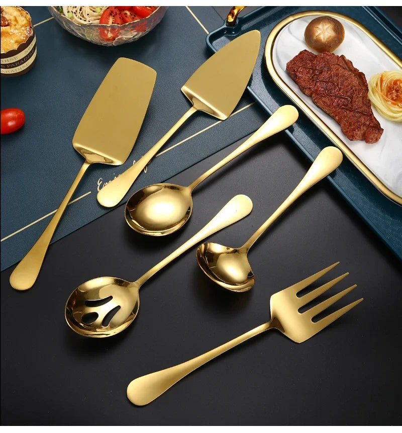 Stainless Steel Kitchenware Gold Serving Spoon Slotting Spoon Slotting Spatula Saucepan Soup Spoon Fork Kitchen Cooking Tool Set