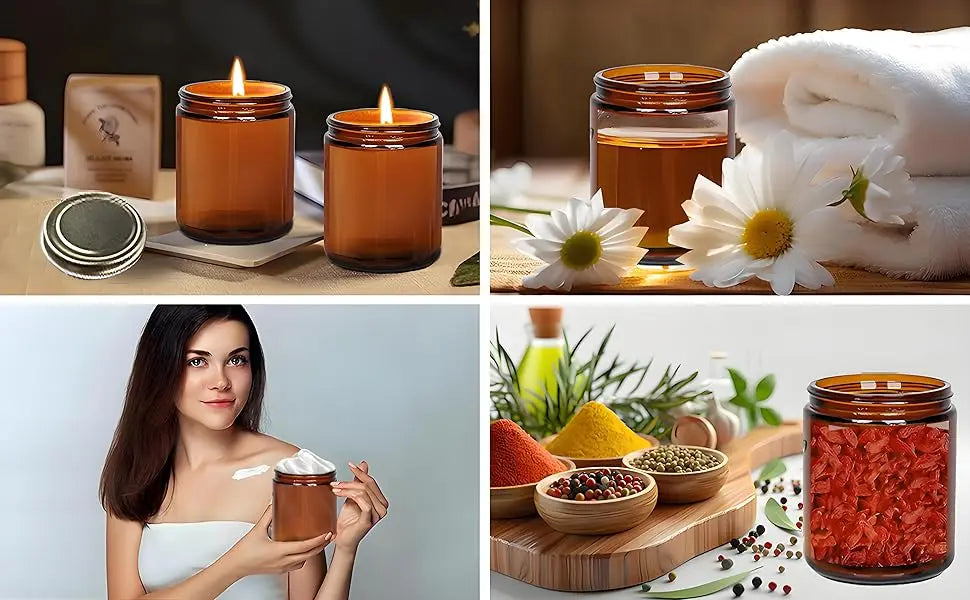 12 Pack Amber Glass Jars with Lids 8 Oz Glass Jars Small Canning Jar for Making Candles, Food Storage, Spices