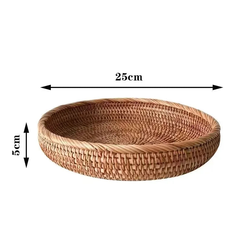 Cesta de mimbre redonda tejida a mano, fruta, merienda de té, pan, bandeja de Picnic, caja de almacenamiento de aperitivos, cesta de suministros de cocina, bandeja de fruta