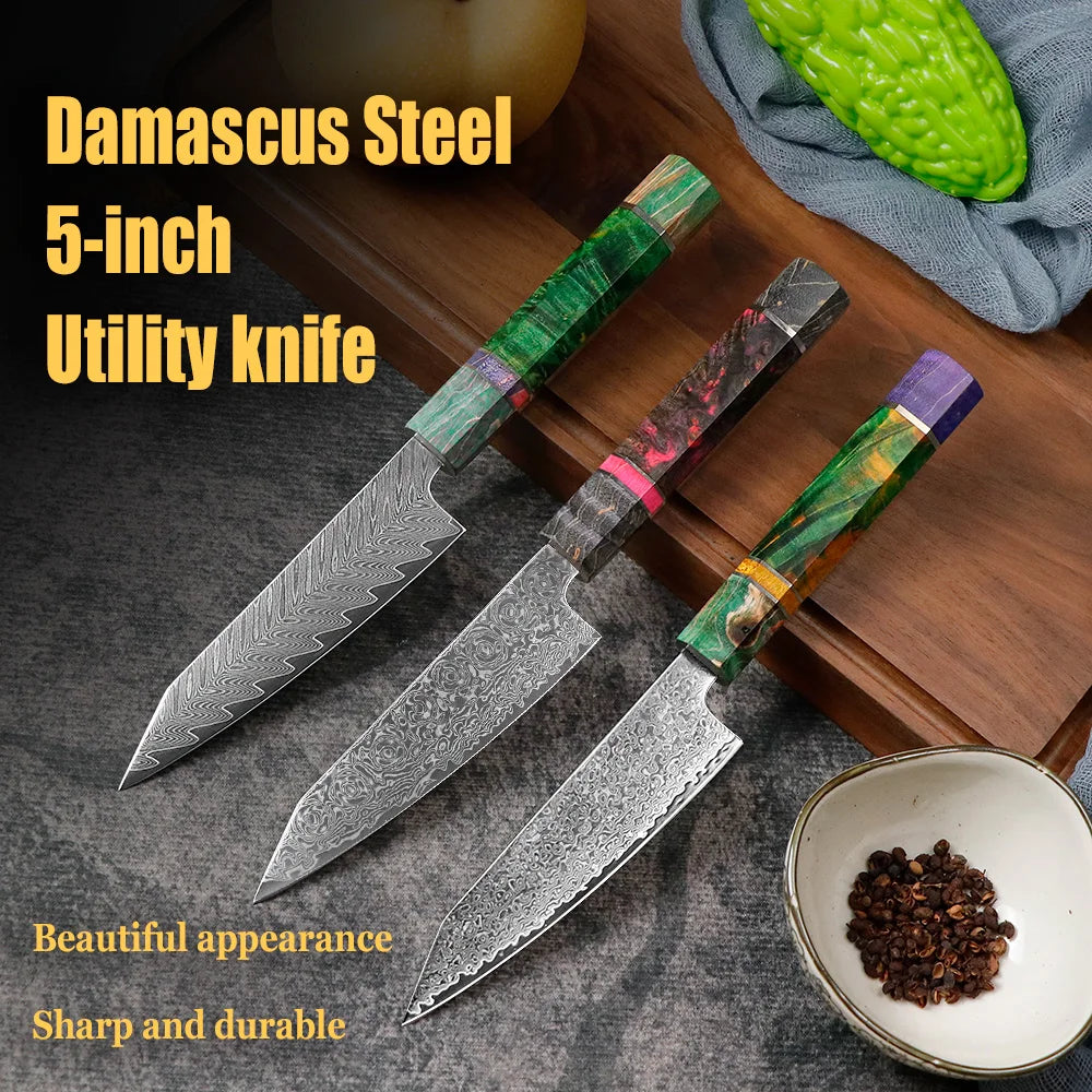 JUMCSONG 5-inch Utility Knife 67 layer Damascus Steel Fruit Knife VG10 Core Peeling Knife stable wooden handle kitchen knife