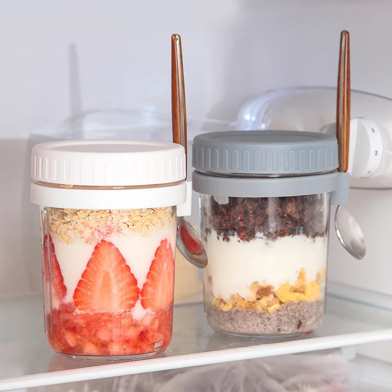 Tarro de Vidrio Portátil para Avena Nocturna y Desayunos – Contenedor Multiusos