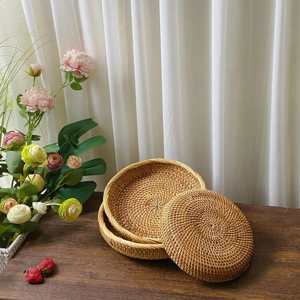 Cesta de mimbre redonda tejida a mano, fruta, merienda de té, pan, bandeja de Picnic, caja de almacenamiento de aperitivos, cesta de suministros de cocina, bandeja de fruta