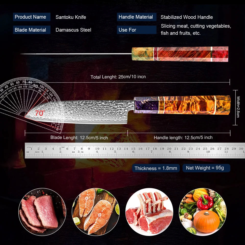 XITUO 5"inch Santoku Knife Damash Leather Stainless Steel Sharp Paring Knife Kitchen Peeling Chef Professional Utility Multi New