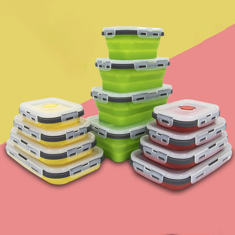 1 PCS Silicone Folding Lunch Box Food Grade Square Portable Microwave Oven Lunch Box Outdoor Travel Picnic Preservation Box