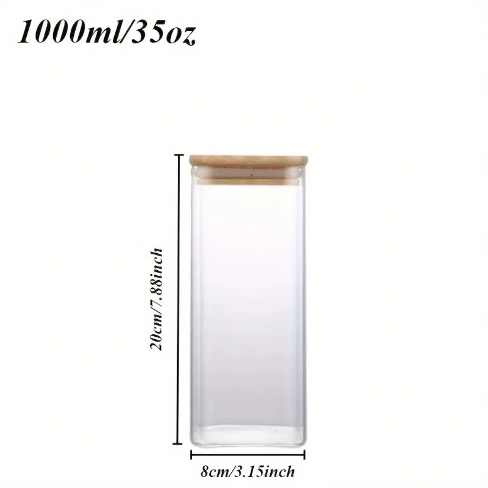 2/4 Pieces, 540Ml/1000Ml Glass Food Storage Jar with Bamboo Lid, Transparent Square Sealed Kitchen Storage Container Set, Stackable Glass Food Storage Jar for Kitchen Counters, Candies, Biscuits, Rice, Cereals