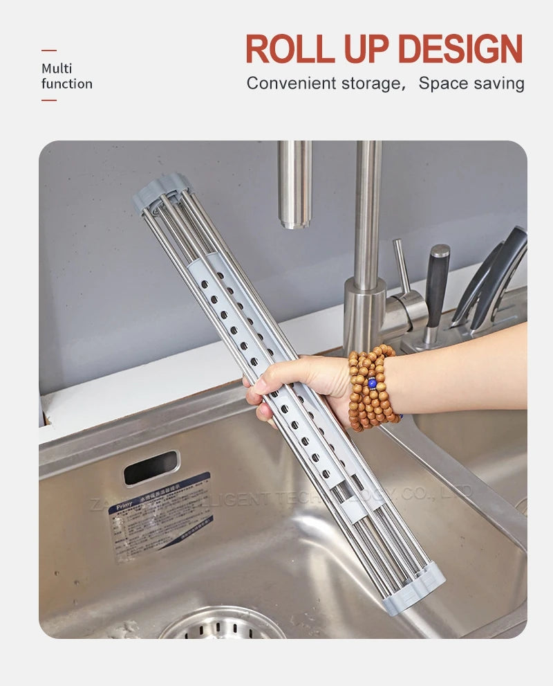Foldable Stainless Steel Dish Drainer Roll Up Dish Drying Rack Shelf Kitchen Sink Holder Organizer Bowl Tableware Plate Storage