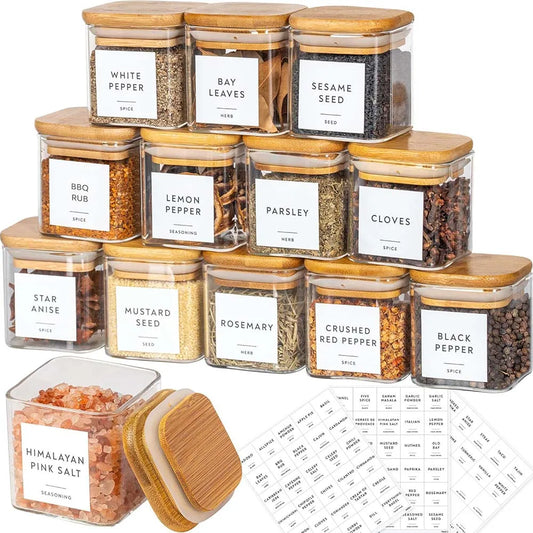 Set de Tarros de Vidrio de 5oz con Etiquetas – Tapas de Bambú y Diseño Cuadrado