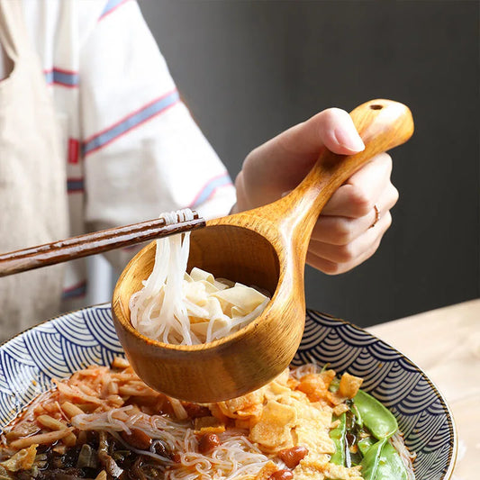 Natural Solid Wood Noodle Spoon Large Soup Ladle Japanese Short Handle Porridge Spoon Soup Ladle Water Scoop Kitchen Household - 369 view