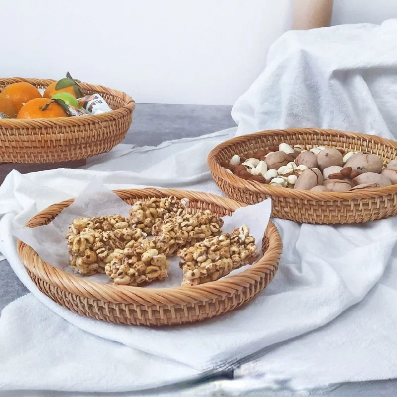 Cesta de mimbre redonda tejida a mano, fruta, merienda de té, pan, bandeja de Picnic, caja de almacenamiento de aperitivos, cesta de suministros de cocina, bandeja de fruta