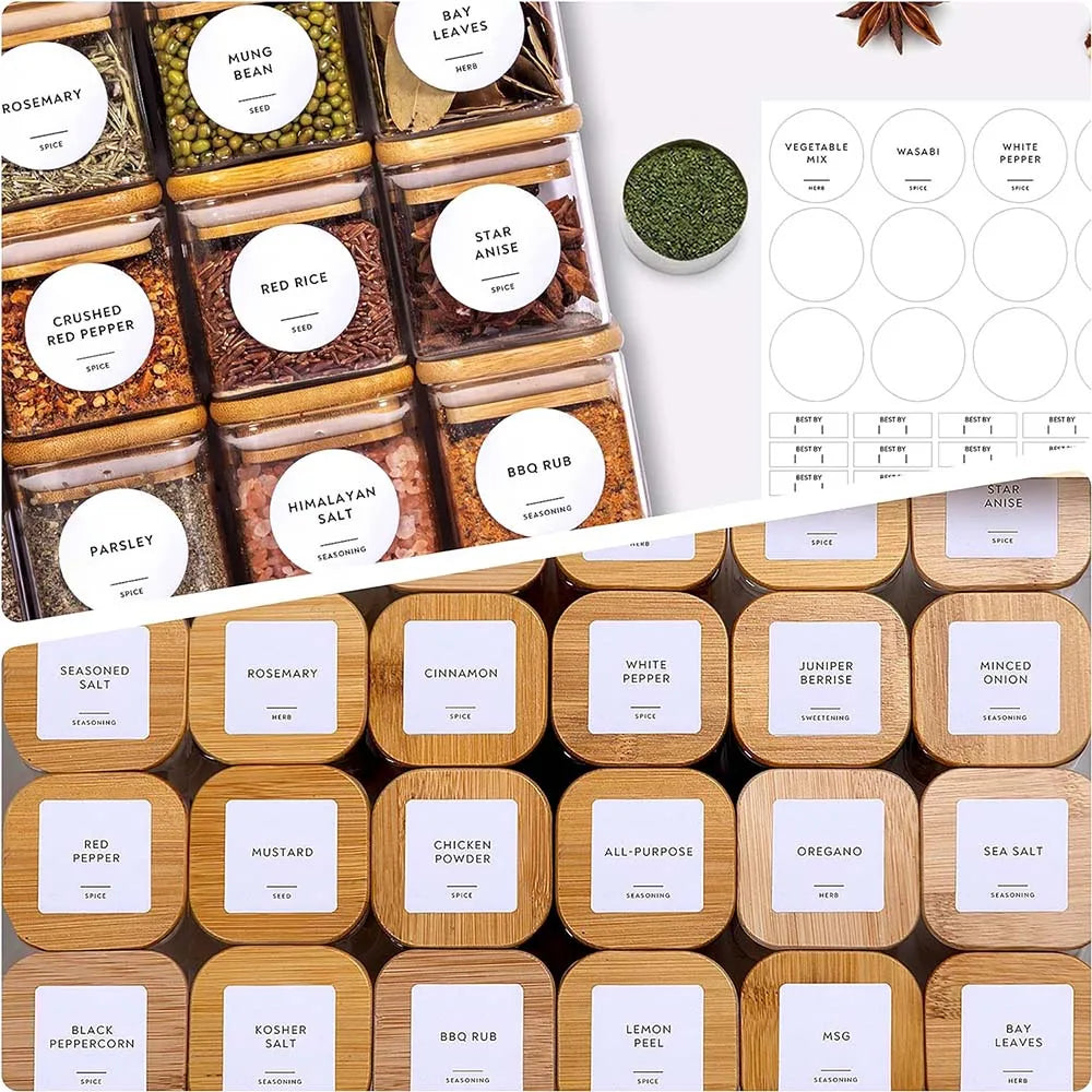 Set de Tarros de Vidrio de 5oz con Etiquetas – Tapas de Bambú y Diseño Cuadrado