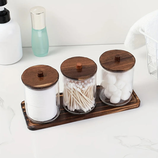 3 Pack Swab/Ball/Pad Holder with Wooden Tray, Cotton swab Jar, Clear Bathroom Containers Dispenser for Storage - 369 view