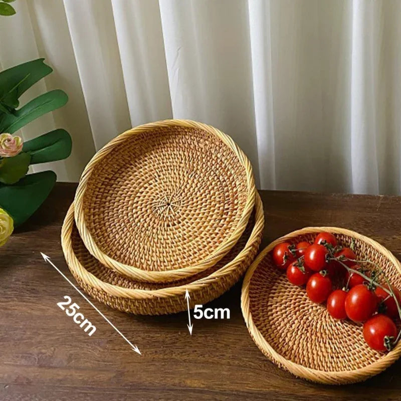 Cesta de mimbre redonda tejida a mano, fruta, merienda de té, pan, bandeja de Picnic, caja de almacenamiento de aperitivos, cesta de suministros de cocina, bandeja de fruta