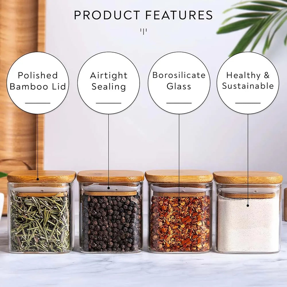 Set de Tarros de Vidrio de 5oz con Etiquetas – Tapas de Bambú y Diseño Cuadrado